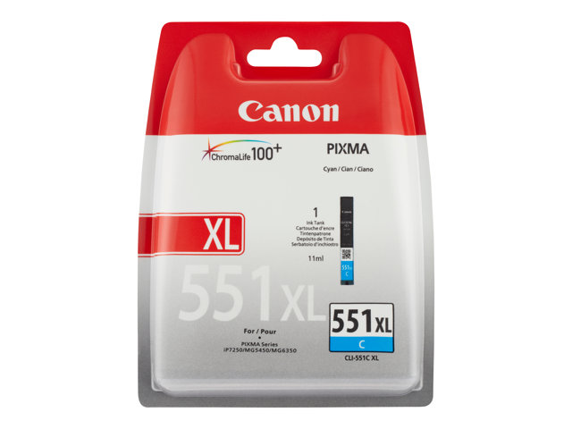 Canon CLI-551C XL - Hoog rendement - cyaan - origineel - blister met beveiliging - inkttank - voor PIXMA iP8750, iX6850, MG5550, MG5650, MG5655, MG6450, MG6650, MG7150, MG7550, MX725, MX925