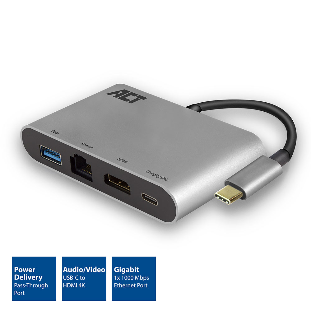 ACT USB-C 4K Multiport Dock met HDMI, USB-A, Gigabit Ethernet en USB-C met PD Pass-Through 60W, kabellengte 0.15m, aluminium behuizing