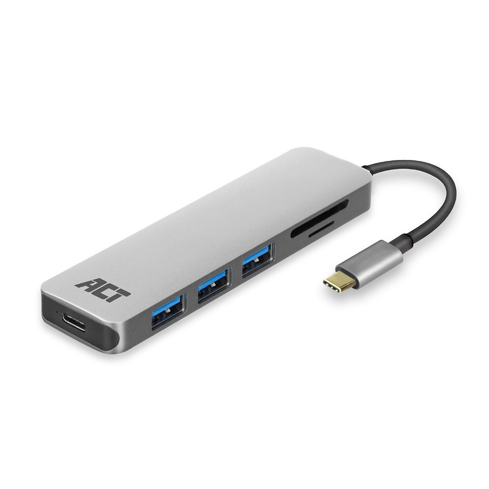 ACT USB-C Hub en card reader, aantal poorten: 3x USB A female , 1x Type-C female met PD Pass-through poort en Cardreader, kabellengte 0,15m, aluminium behuizing