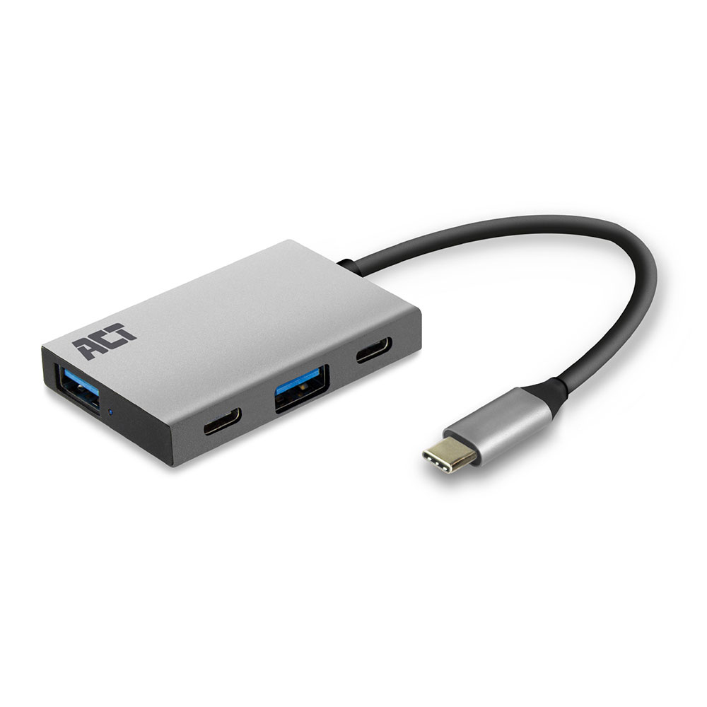 ACT USB-C Hub, aantal poorten: 2x USB C female, 2x USB A female , kabellengte 0,15m, aluminium behuizing